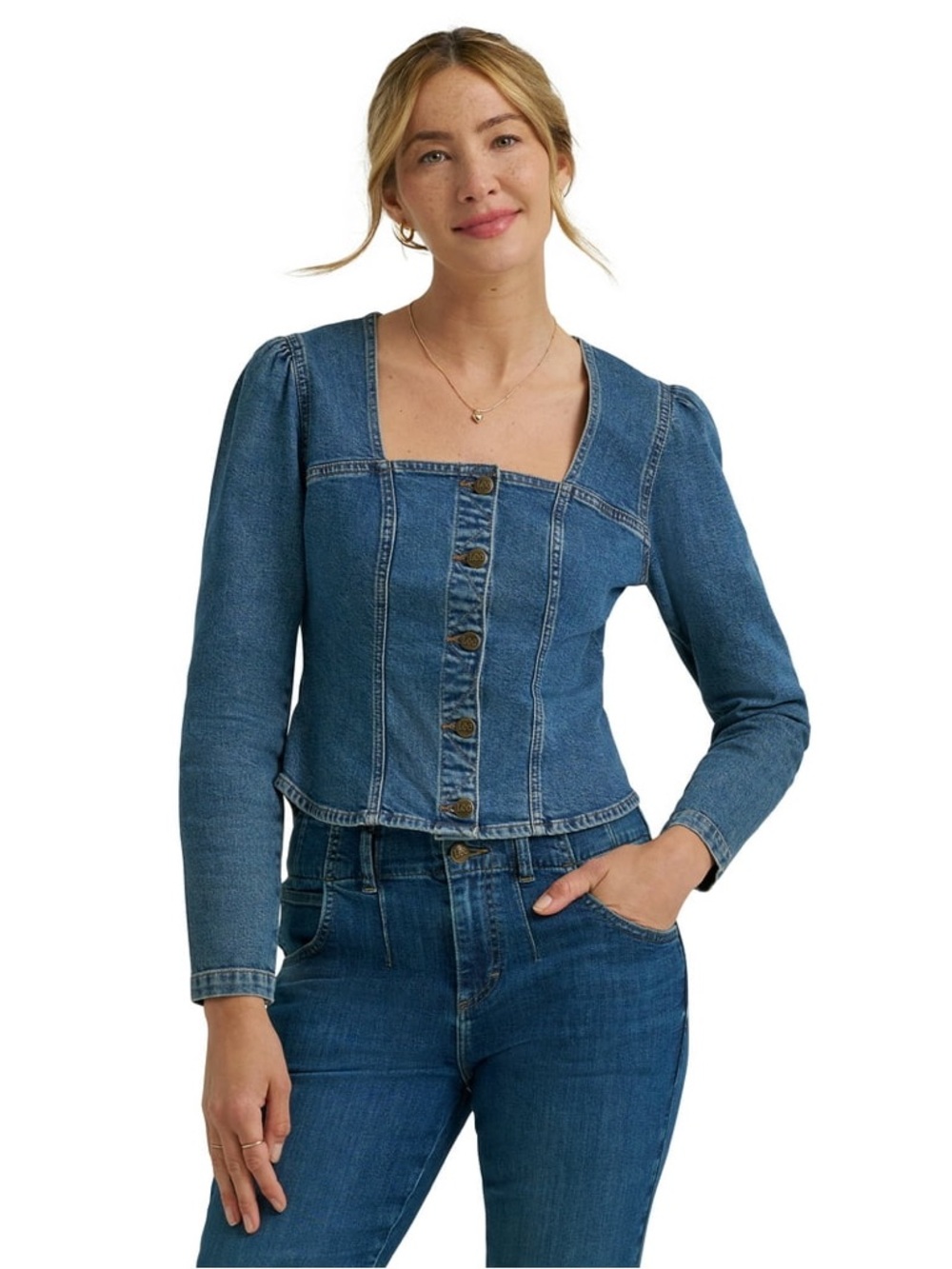 Lee Denim Corset Top Square Neck Button Fitted Stretch Reformation Vibe Small